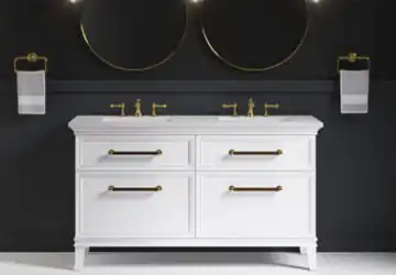 Vanities - White bathroom vanity with dark wall behind it
