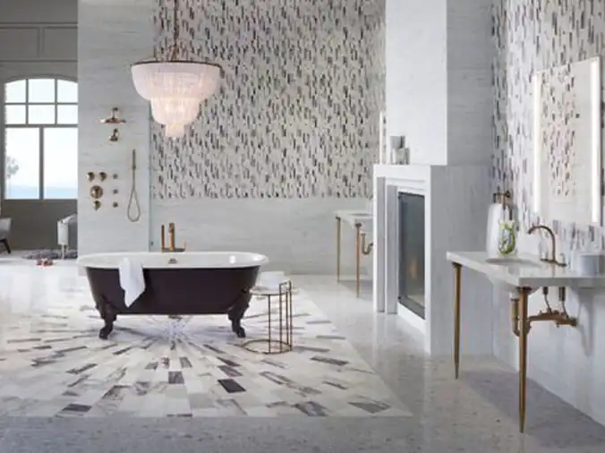 White bathroom with black claw foot bathtub