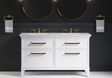 Vanities Vanities - White bathroom vanity with dark wall behind it
