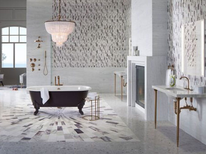 White bathroom with black claw foot bathtub