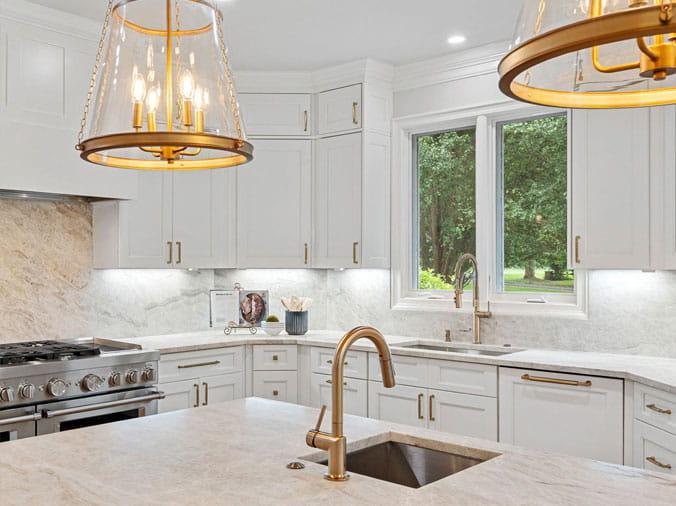 Bright kitchen with bar sink in the island