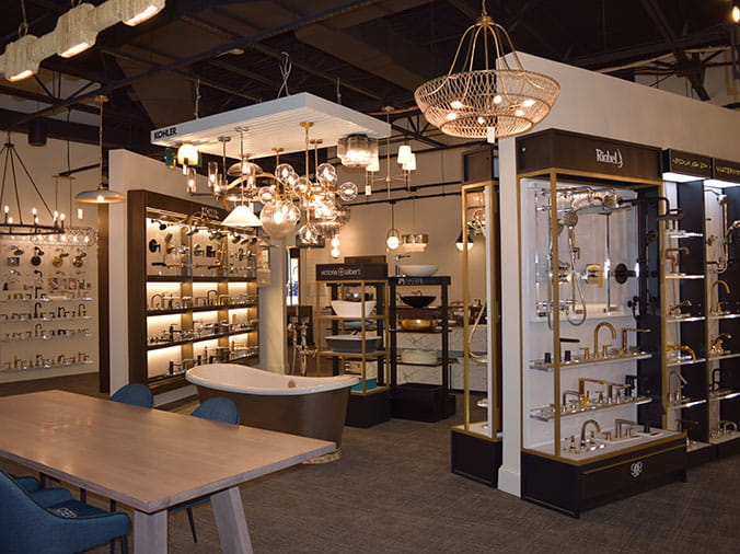 Delta faucets on display in the Facets of Charlotte Plumbing & Lighting showroom