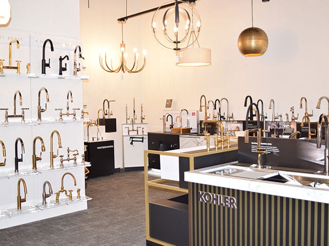 Kallista faucet display in the Facets of Charlotte Plumbing & Lighting Showroom